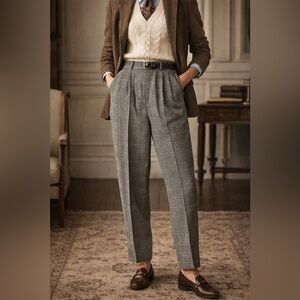 Vintage 100% Wool Glen Plaid High Rise Pleated Trousers Size 12